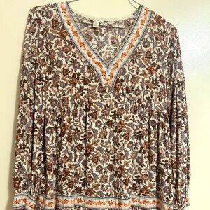 Floral V-Neck Blouse - Brown and Cream